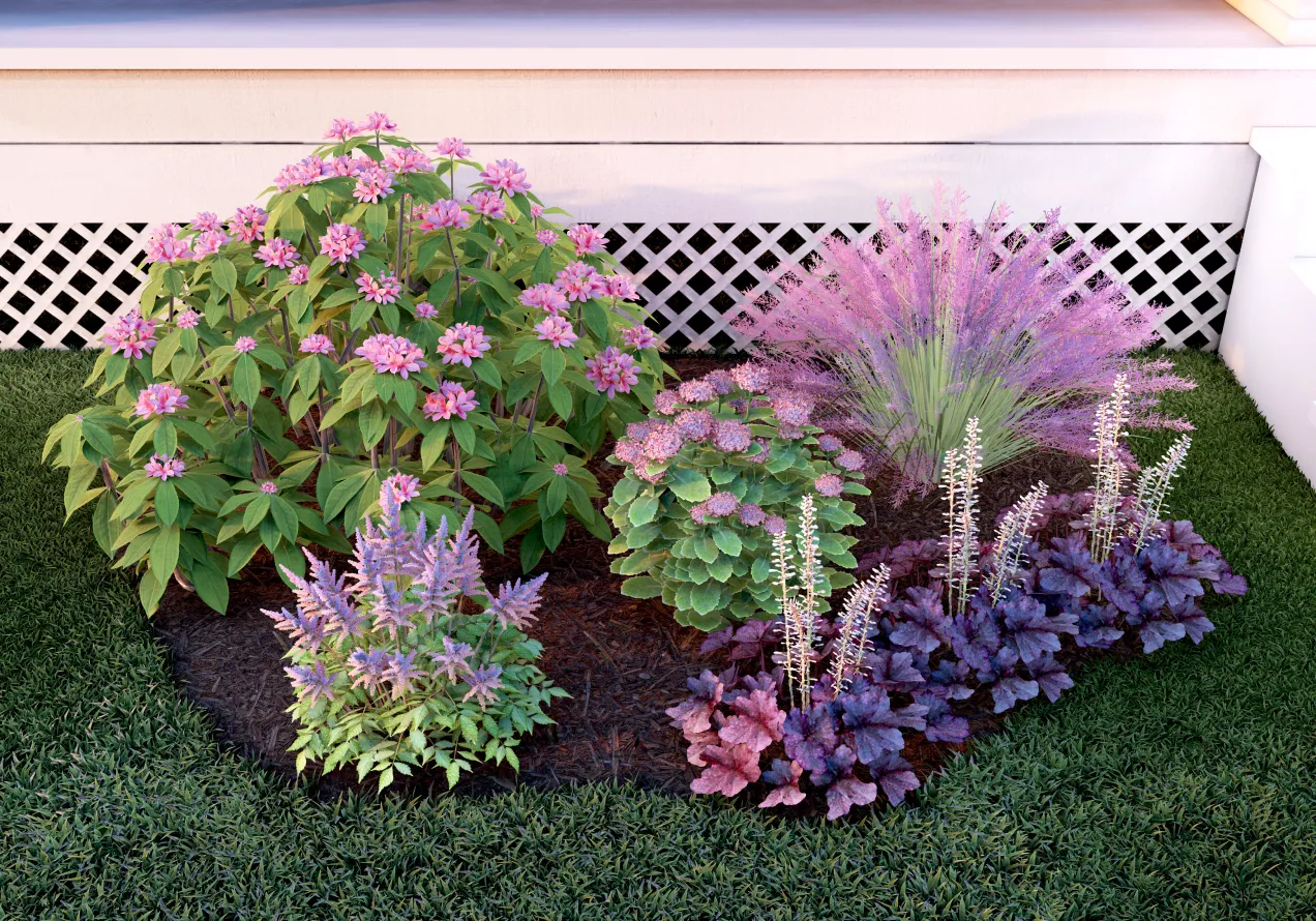 Pink Flower Garden Design For Front of House. Simple Front Yard Flower Bed Layout